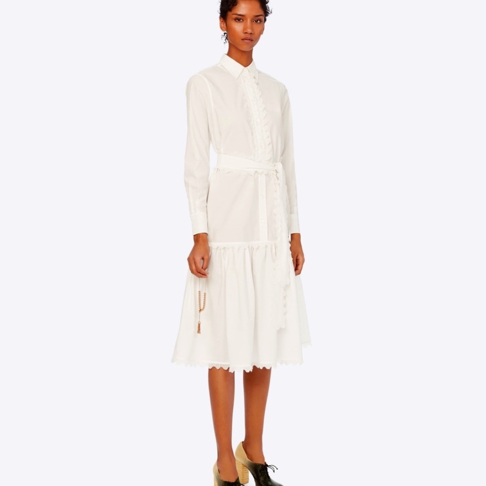TORY BURCH - Scalloped white cotton shirtdress - Size 6